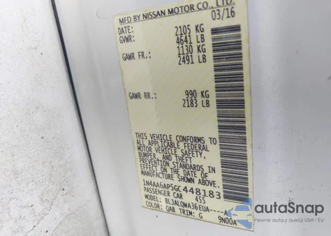 2016 Nissan Maxima 3.5 S из США, поврежденный, VIN 1N4AA6AP5GC448183